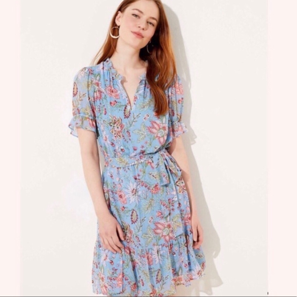 Loft Blue Garden Flounce Dress - No Tie Belt